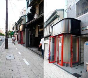 左、大阪中心地に残る趣のある町屋建築、右、出店区画の外観