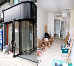 左、店舗外壁の塗装が完了、右、店内の既存の床材の撤去が完了。