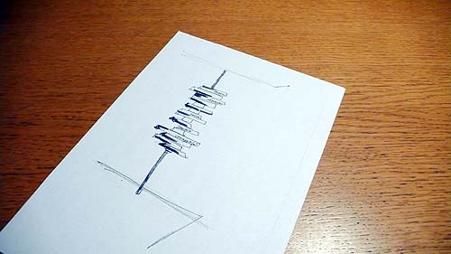 カーサ・オレアリア・パーチェ店内に設置する皮付きのオリーブの木を積み上げたオブジェのイメージスケッチ