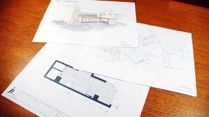 イタリア産オリーブオイル専門店カーサ・オレアリア・パーチェの平面図、完成イメージパース、スケッチなど店舗デザイン案の提案書