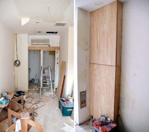 左、構造用合板で製作したカーテンBOX、右、構造用合板で製作した分電盤のカバー