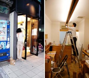 左、扉のガラスのサインを描くイラストレーターの西山さんと、右、カーサオレアリアパーチェ店内のライティングの調整中の伊藤さん
