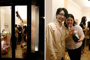 左、レセプションパーティーの様子と、右、カーサ・オレアリア・パーチェのオーナー森尾さんとのツーショット