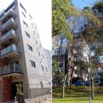 マンションデザイン設計事例-ヴィラ水都(Villa-suito)-大阪-マンションエントランス-川辺の自然の中に佇むマンション外観の写真