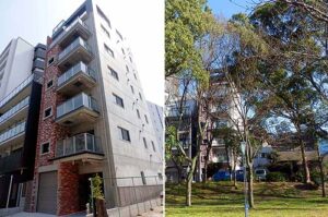 マンションデザイン設計事例-ヴィラ水都(Villa-suito)-大阪-マンションエントランス-川辺の自然の中に佇むマンション外観の写真