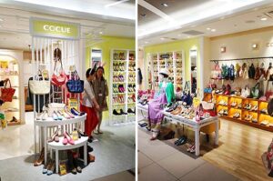 アパレル店舗デザイン設計事例-COCUE(コキュ)京都キューブ店-染め竹をハンガーパイプに使用したバッグコーナーの店内の写真