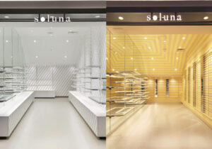 ソルナ、ザ、キューブ、京都駅ビル、２つのイメージに分かれた店舗デザイン