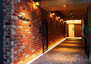 マンションデザイン設計事例、ヴィラ水都、マンションアプローチの夜景の写真