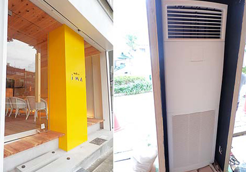 店舗リノベーションデザイン事例、喫茶イマ、空調機を隠した意匠の柱