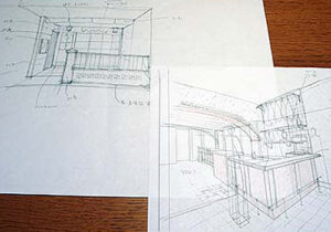 大阪のスペイン料理レストラン、ピエドラの出店候補地のプランの店舗デザインの手描きスケッチ