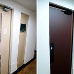 空間デザインリノベーション実績事例、パレロワイアル順慶町オフィス棟共用部トイレの扉のビフォーアフター