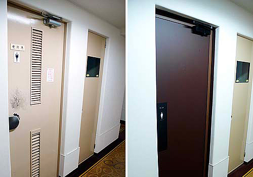 空間デザインリノベーション実績事例、パレロワイアル順慶町オフィス棟共用部トイレの扉のビフォーアフター