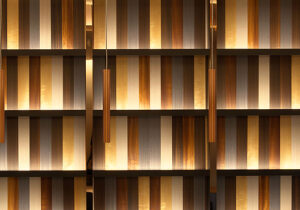 空間デザイン実績事例、西宮市の教育施設、ラ・プラージュ・プレステージ、ラウンジコーナーの正面の本棚ディテール。間接照明で浮かび上がる数種類の木種の短冊が連なる本棚の背板、仕切り板の小口はアクセントとして銅メッキ板を貼り、艶を与えている。