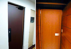 空間デザインリノベーション実績事例、大阪市のマンションのパレロワイヤル順慶町オフィス棟共用部トイレの新しい扉の廊下面と室内側面