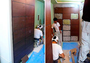 空間デザイン｜パレロワイヤル順慶町オフィス棟トイレ｜リノベーション｜共用部｜大阪市｜3.壁の仕上げ工事