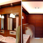 空間デザイン実績事例、大阪市のマンション、パレロワイヤル順慶町のトイレのリノベーション、左、工事が完了した落ち着いた雰囲気の男子トイレの洗面台、右、女子トイレと同じデザインでまとめた男子トイレの室内